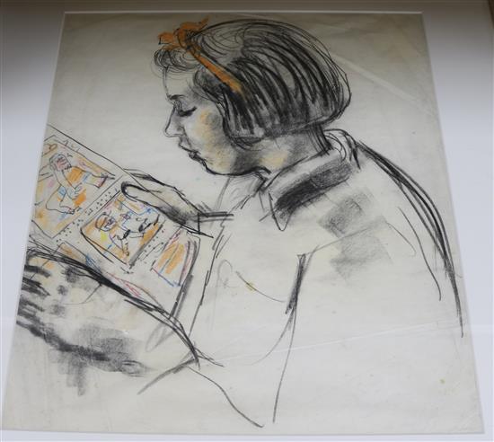 Ruskin Spear (1911-1990) Portrait of a girl reading a comic book 45 x 40cm.